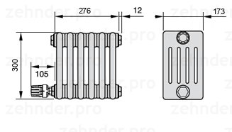 Схема (чертеж) Радиатор Zehnder Charleston 5030/6 №V004 Белый глянцевый RAL 9016
